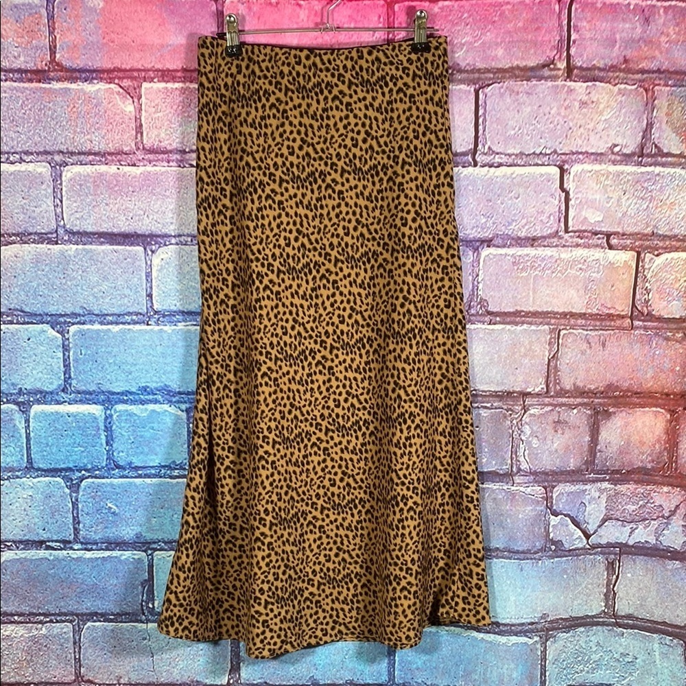 Nasty Gal Leopard Print Slip Midi Skirt Women’s Size 8 Brown Animal Satin A-Line